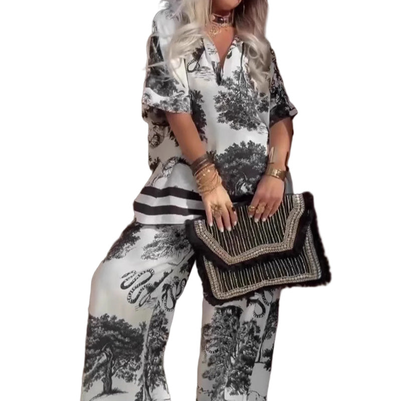 đ 50% RABATT NU! đž Casual set med tryck och V-ringning för damer â Mjukt & andningsbart â Top med V-ringning och lĂ„ngbyxor â perfekt för lediga dagar eller resor đ