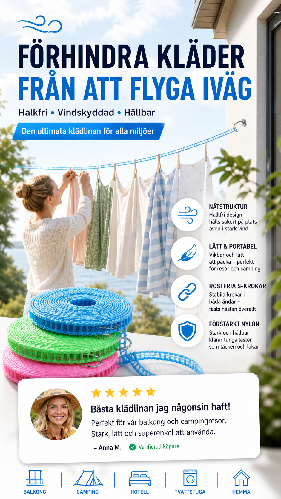 🧺 KÖP 1, FÅ 1 GRATIS! 🌬️ Vindskyddad och halkfri tvättlina ✨ Snabbtorkande, säker & enkel att sätta upp – perfekt för hemmet och balkongen ☀️