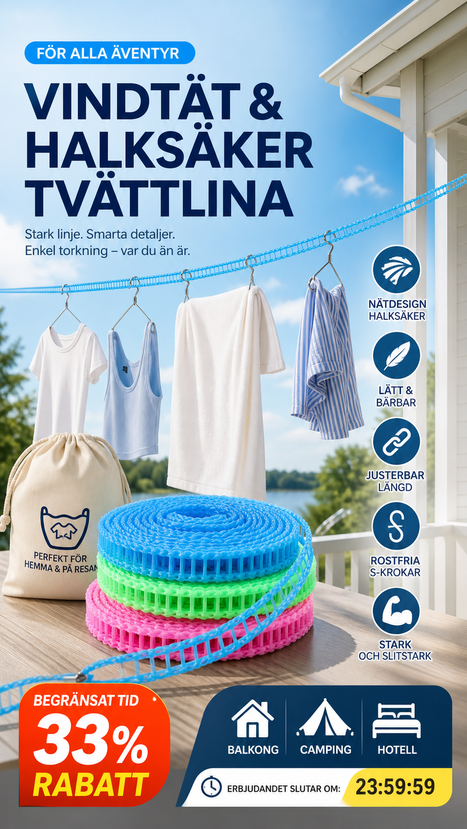 🧺 KÖP 1, FÅ 1 GRATIS! 🌬️ Vindskyddad och halkfri tvättlina ✨ Snabbtorkande, säker & enkel att sätta upp – perfekt för hemmet och balkongen ☀️