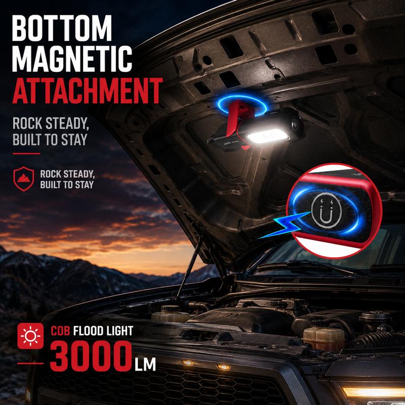 💡 50 % RABATT NU! 🔦 Uppladdningsbar arbetslampa – 3000 LM COB-LED, magnetfäste, 360° krok & 180° stativ – perfekt för garage och camping 🚗