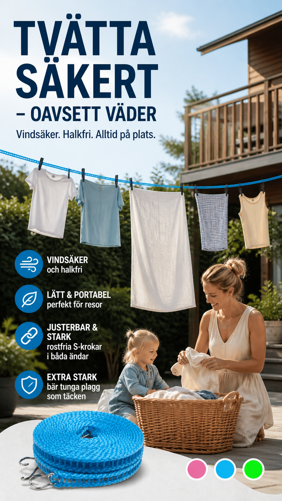 🧺 KÖP 1, FÅ 1 GRATIS! 🌬️ Vindskyddad och halkfri tvättlina ✨ Snabbtorkande, säker & enkel att sätta upp – perfekt för hemmet och balkongen ☀️