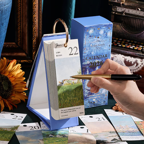 🎨 2026 Vintage oljemålning i europeisk stil, vändbar kalender - 🌼 Glad hela året 🦋