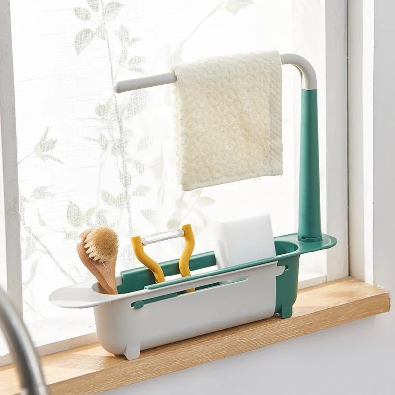 🧽 50 % RABATT NU! 🚰 Diskbänksorganisatör utan borrning – teleskopisk rostfri ställning med handduksstång & avrinningshål – perfekt för köket 🏠