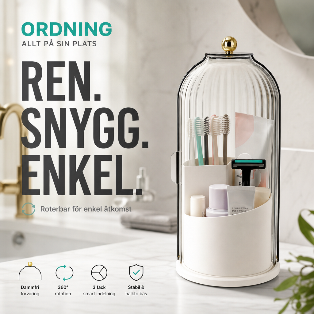 🏡 Tandborstförvaring med Skjutlock – 3 Fack & 360° Roterbar – Håller badrummet ordnat, Lättmonterad & Vattentät – Perfekt för badrum, toalett och familjens hygienprodukter