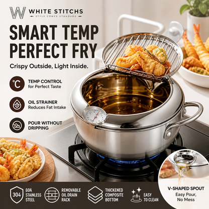 ⏳Tidsbegränsat Erbjudande⏰304 Rostfritt Stål Tempura Fritös – Termometer, Avrinningsgaller, Djup Gryta ✨
