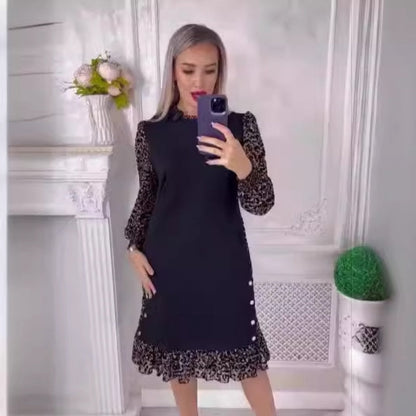 🎅Christmas Specials 50% OFF🎁Leopard Color Blocking Mock Neck Knee-Length Dress