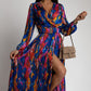 Robe divisée en V à manches longues imprimées pour femmes