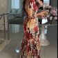 Women's V-Neck Floral Printed Pleated Dress