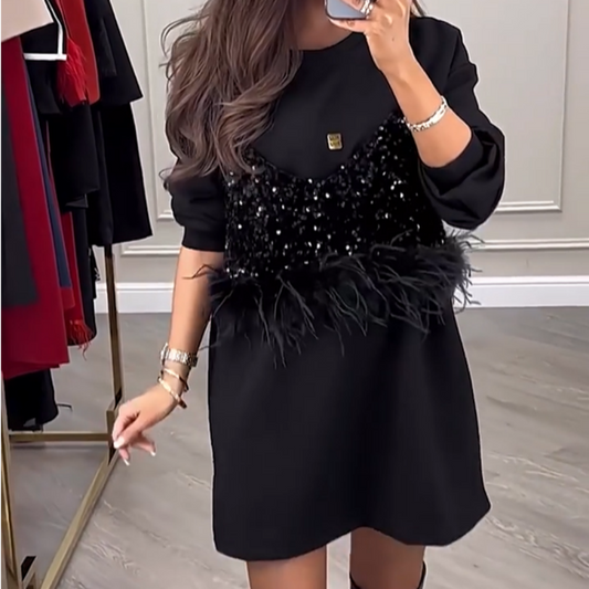 🎅Early Xmas Sales - 50% OFF🎄Women's Fashion Black Sequin Mock 2-Piece Dress