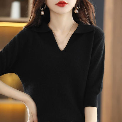 V-neck seven quarter sleeve loose knit base shirt