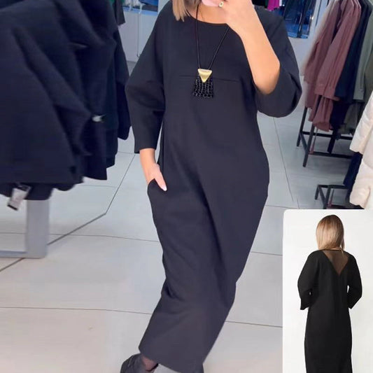 Women's Solid Color Pocket Round Neck Long Sleeve Dress