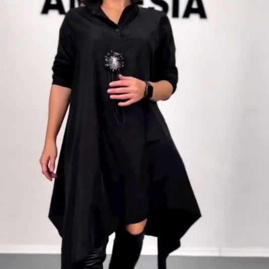 Stylish Black V-Neck Loose Shirt Dress