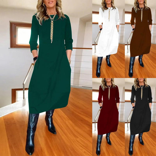 Women’s Casual Solid Color Round-neck Dress with Pockets