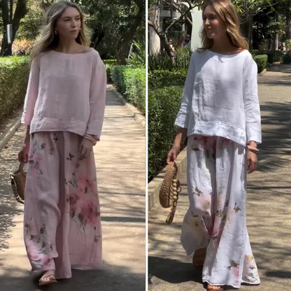 💥Promotion de vente chaude 49% de réduction💕Ensemble deux pièces haut uni et pantalon large à fleurs
