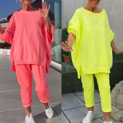 ✨️2025 Hot Sale 60% OFF🥰Round Neck Slit Fluorescent Colour Leisure Suit for Women