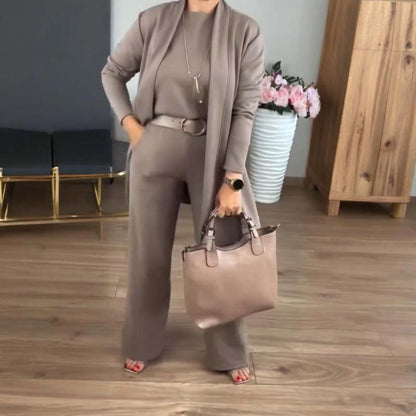 🔥Mest populärt🔥👚Hemkomfort + Business Elegance Lång kofta, topp och byxor, 3-delat set