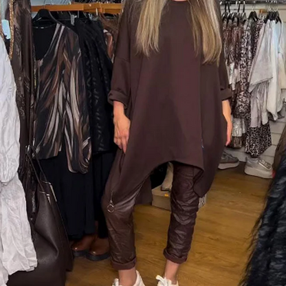 🔥Het utförsäljning🔥Oregelbunden lös överdel och enfärgade byxor(2-delat set)