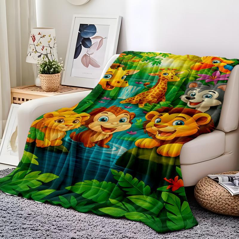 ✨Julrea – 50 % rabatt💃🔥Plush Flannel Throw Blanket med tecknad djungelprint
