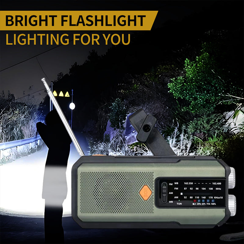 📻🔋 Solcells- och vevdriven nödradio – FM/AM/NOAA, LED-ficklampa & nödladdning för mobilen ⛺⚡