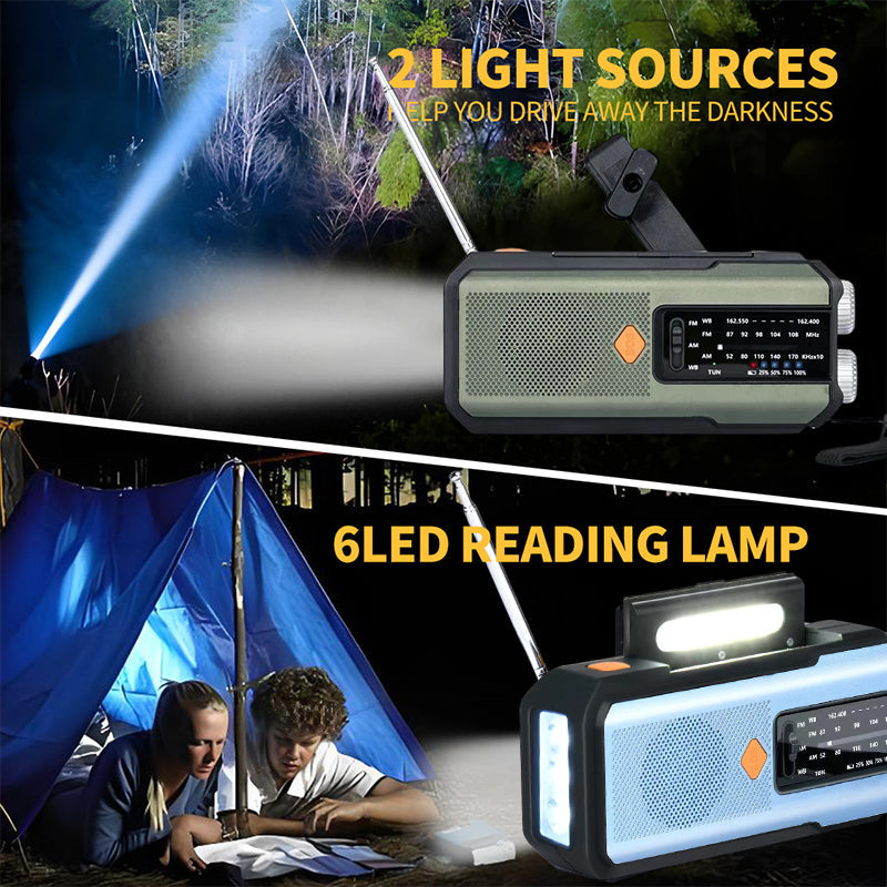📻🔋 Solcells- och vevdriven nödradio – FM/AM/NOAA, LED-ficklampa & nödladdning för mobilen ⛺⚡