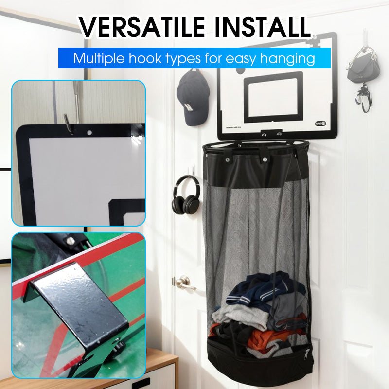 🏀 50% RABATT 🚪 Tvättkorgsbasket över dörren, stort svart nät & akryl-/träplatta, montering utan borrning 🎯