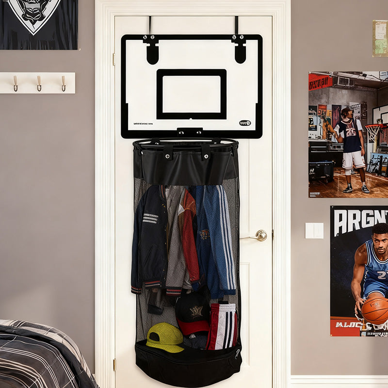 🏀 50% RABATT 🚪 Tvättkorgsbasket över dörren, stort svart nät & akryl-/träplatta, montering utan borrning 🎯