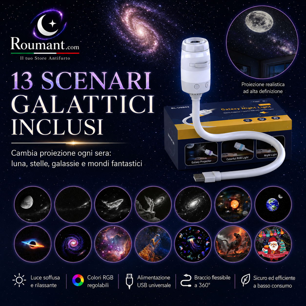 🌌 50 % RABATT NU! 💫 USB-lampa med stjärnhimmelprojektion – 13 utbytbara filmskivor & flexibel hals – perfekt för sovrummet ✨