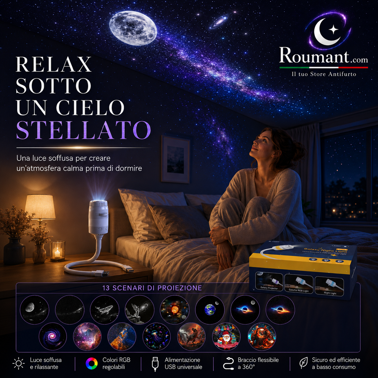 🌌 50 % RABATT NU! 💫 USB-lampa med stjärnhimmelprojektion – 13 utbytbara filmskivor & flexibel hals – perfekt för sovrummet ✨
