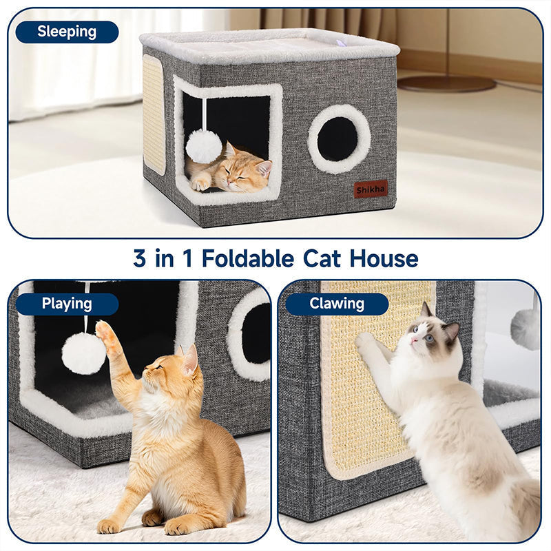 🐱 50 % RABATT NU! 🏠 Foldable 2-in-1 cat cube house – två nivåer, integrerad klösmatta & hopfällbar design – perfekt för små utrymmen 🧶