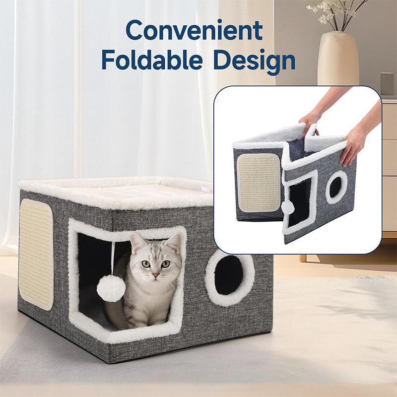 🐱 50 % RABATT NU! 🏠 Foldable 2-in-1 cat cube house – två nivåer, integrerad klösmatta & hopfällbar design – perfekt för små utrymmen 🧶