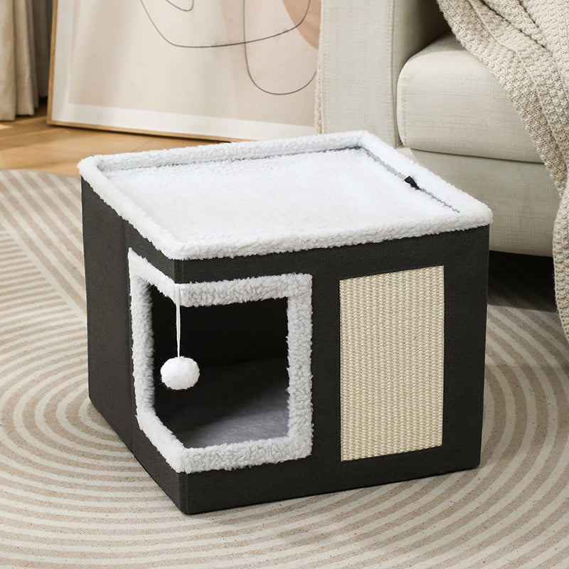 🐱 50 % RABATT NU! 🏠 Foldable 2-in-1 cat cube house – två nivåer, integrerad klösmatta & hopfällbar design – perfekt för små utrymmen 🧶