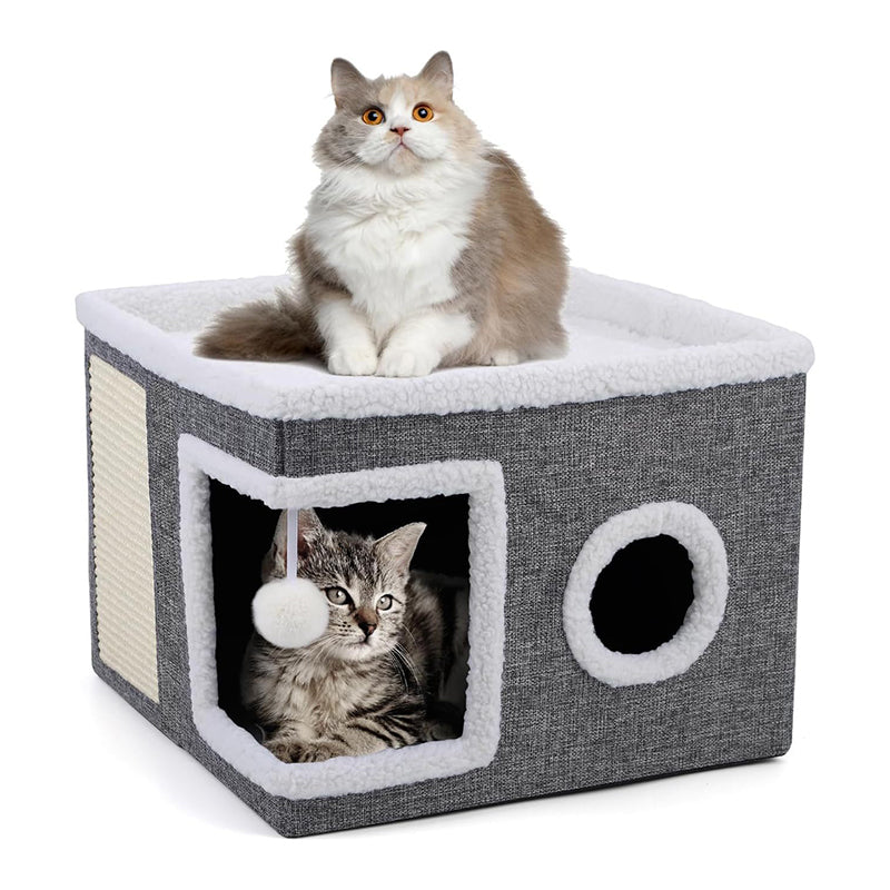 🐱 50 % RABATT NU! 🏠 Foldable 2-in-1 cat cube house – två nivåer, integrerad klösmatta & hopfällbar design – perfekt för små utrymmen 🧶