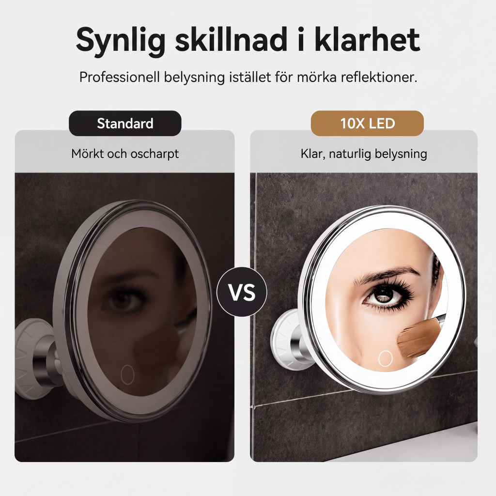 10 gångers förstorande sminkspegel med LED-ljus och sugkopp