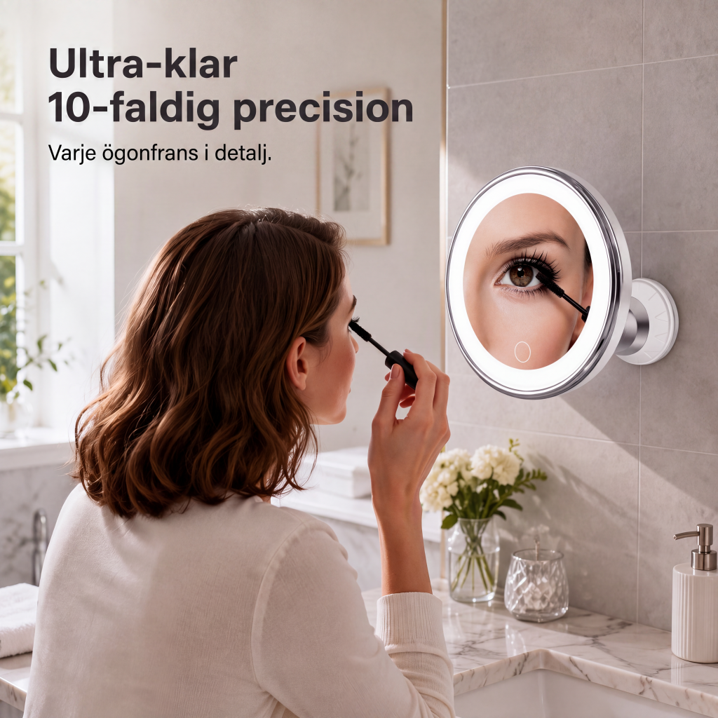 10 gångers förstorande sminkspegel med LED-ljus och sugkopp