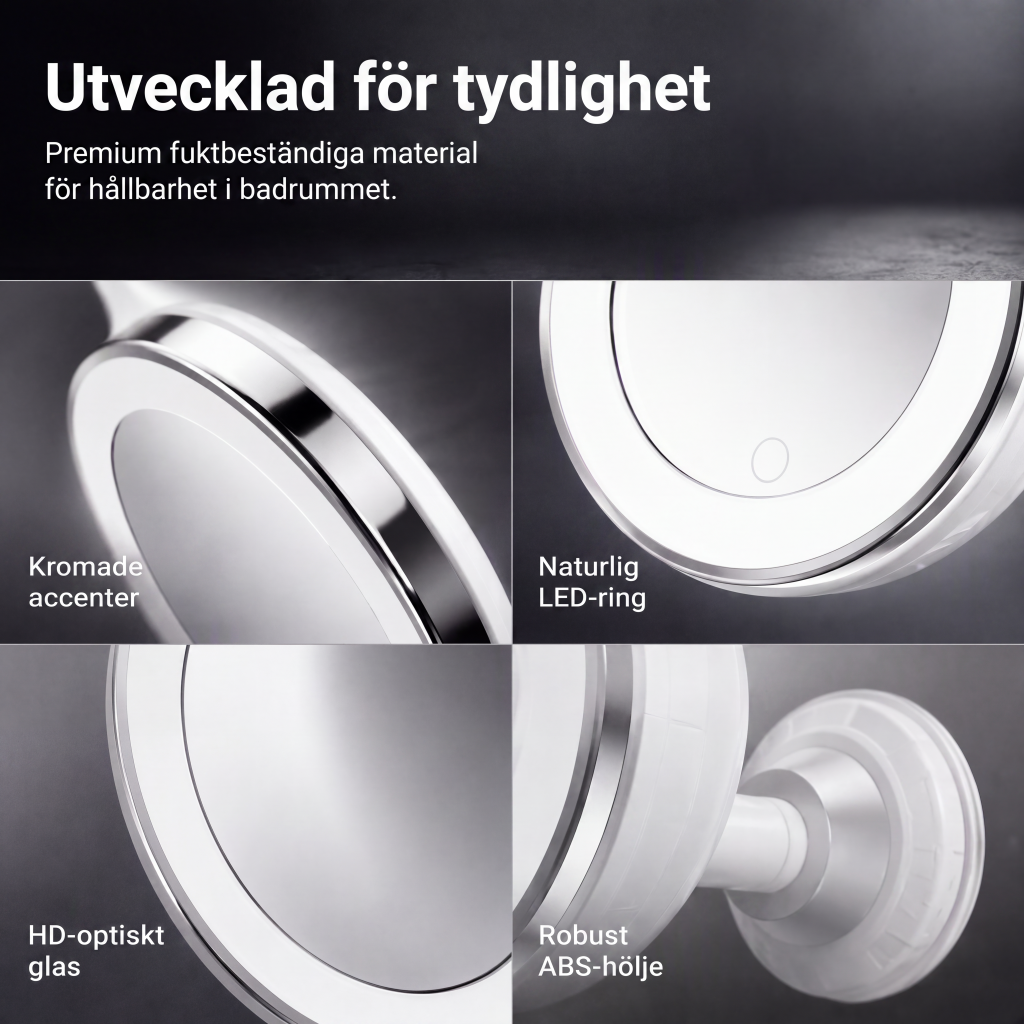 10 gångers förstorande sminkspegel med LED-ljus och sugkopp