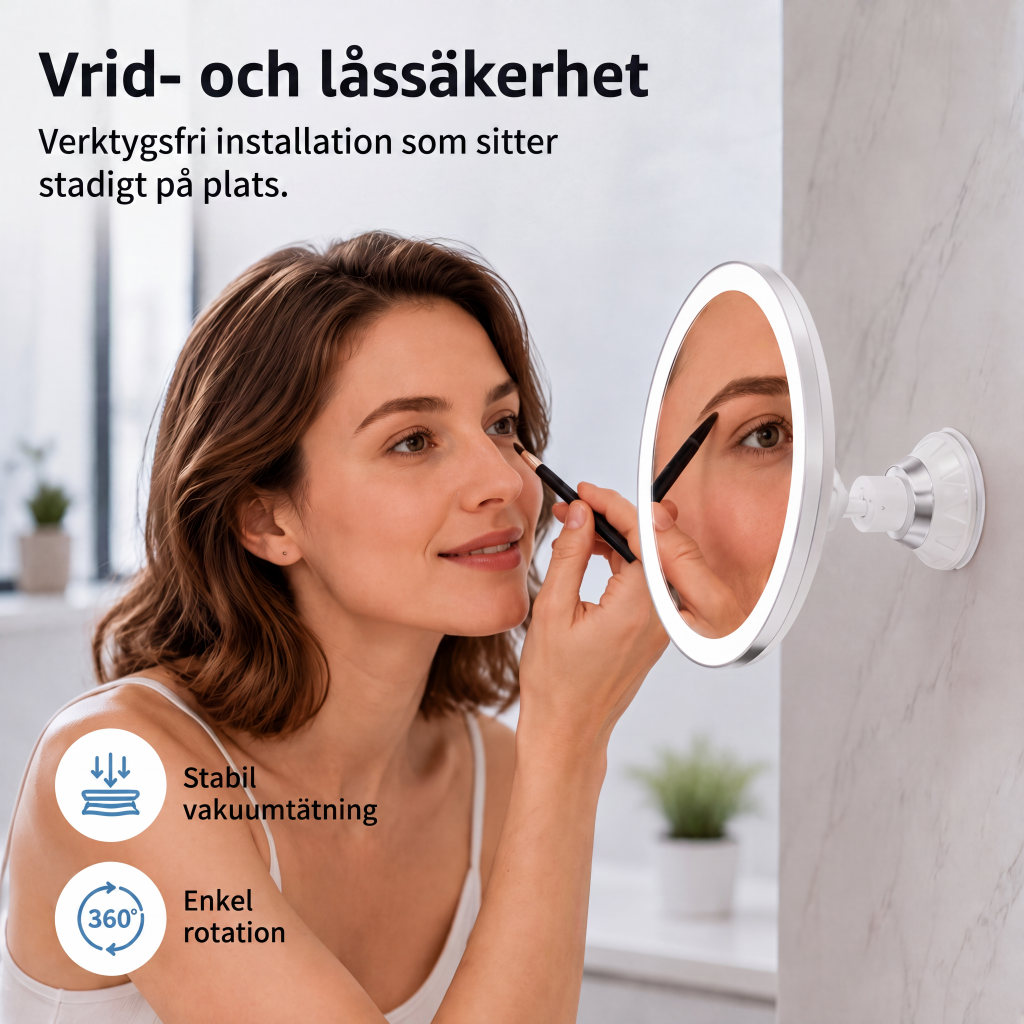 10 gångers förstorande sminkspegel med LED-ljus och sugkopp