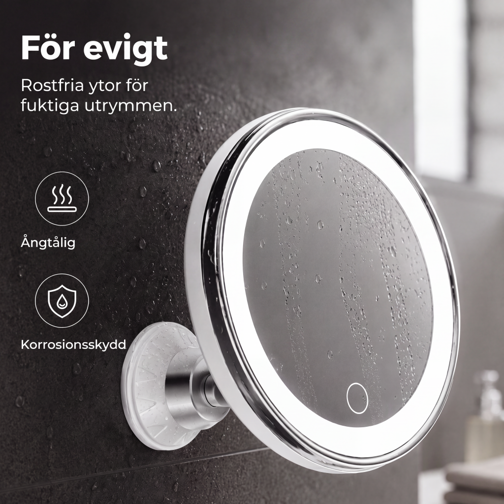 10 gångers förstorande sminkspegel med LED-ljus och sugkopp