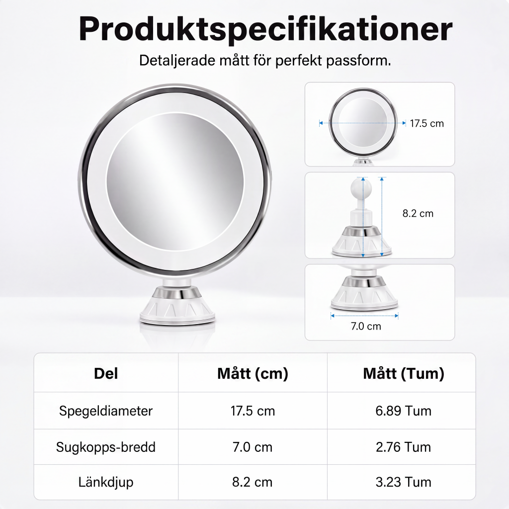 10 gångers förstorande sminkspegel med LED-ljus och sugkopp