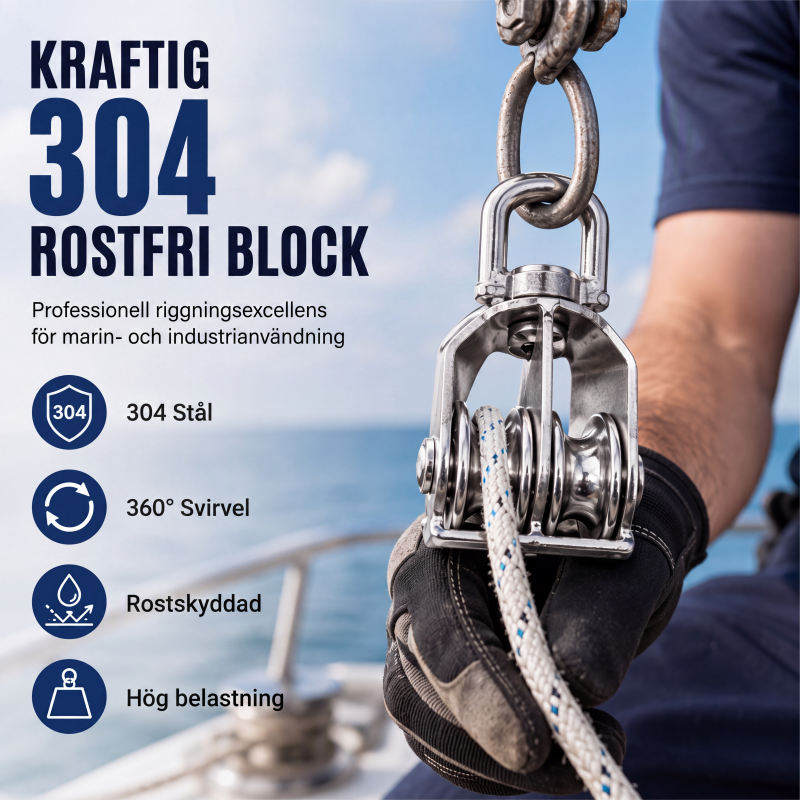 Kraftig vändbar remskiva i 304 rostfritt stål, lyfthjul för stålvajer