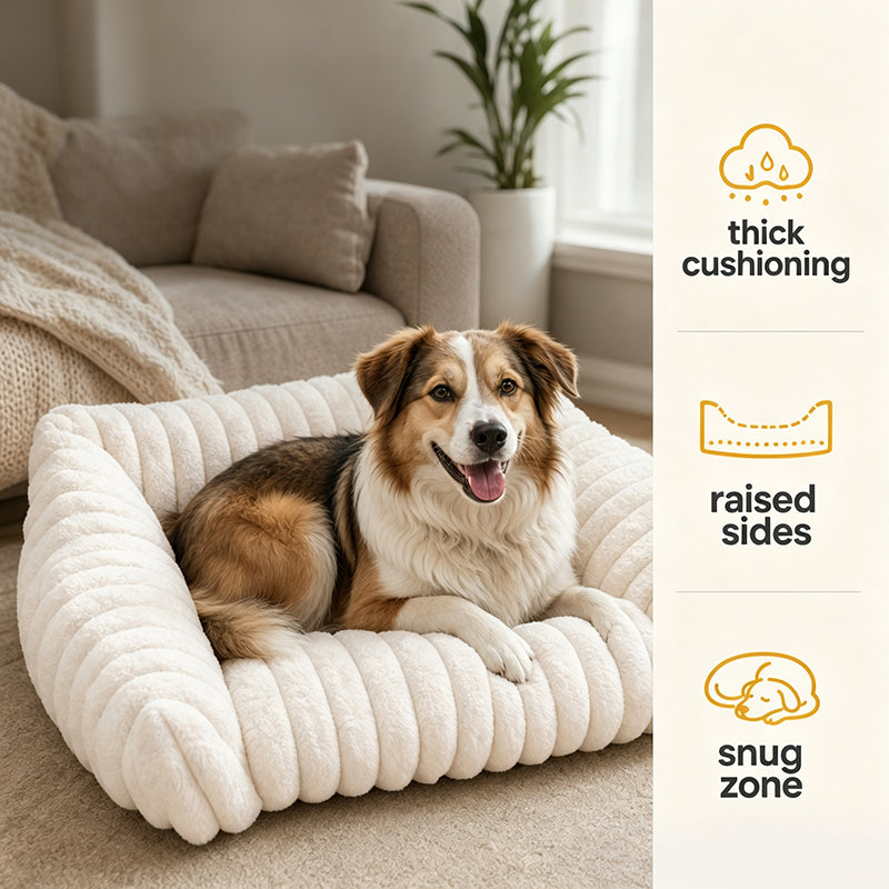 🐾✨ 50% RABATT! 🐱🐶 Mysigt soffdjurssäng – ultra bekväm, upphöjda kanter och supermjuk räfflad plysch.