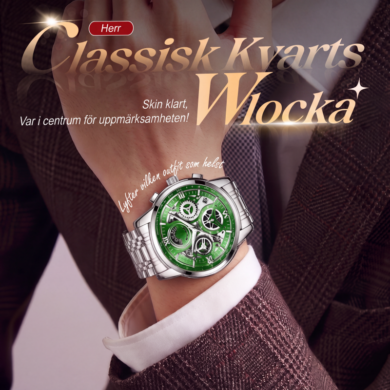 ✨Herr klassisk kvartsklocka – grön skeletturtavla, rostfritt stål & 3ATM