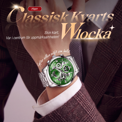 ✨Herr klassisk kvartsklocka – grön skeletturtavla, rostfritt stål & 3ATM