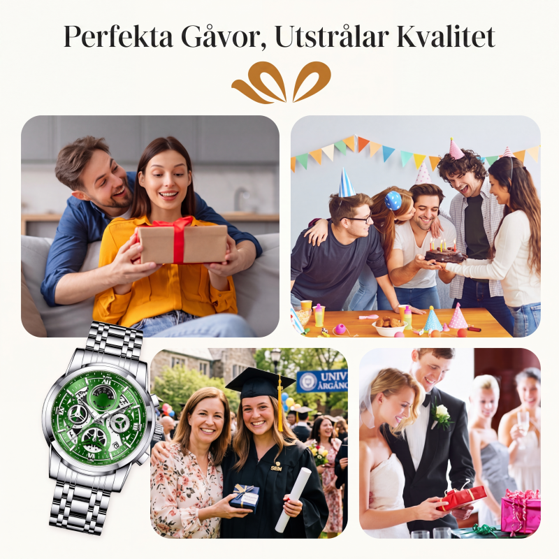 ✨Herr klassisk kvartsklocka – grön skeletturtavla, rostfritt stål & 3ATM