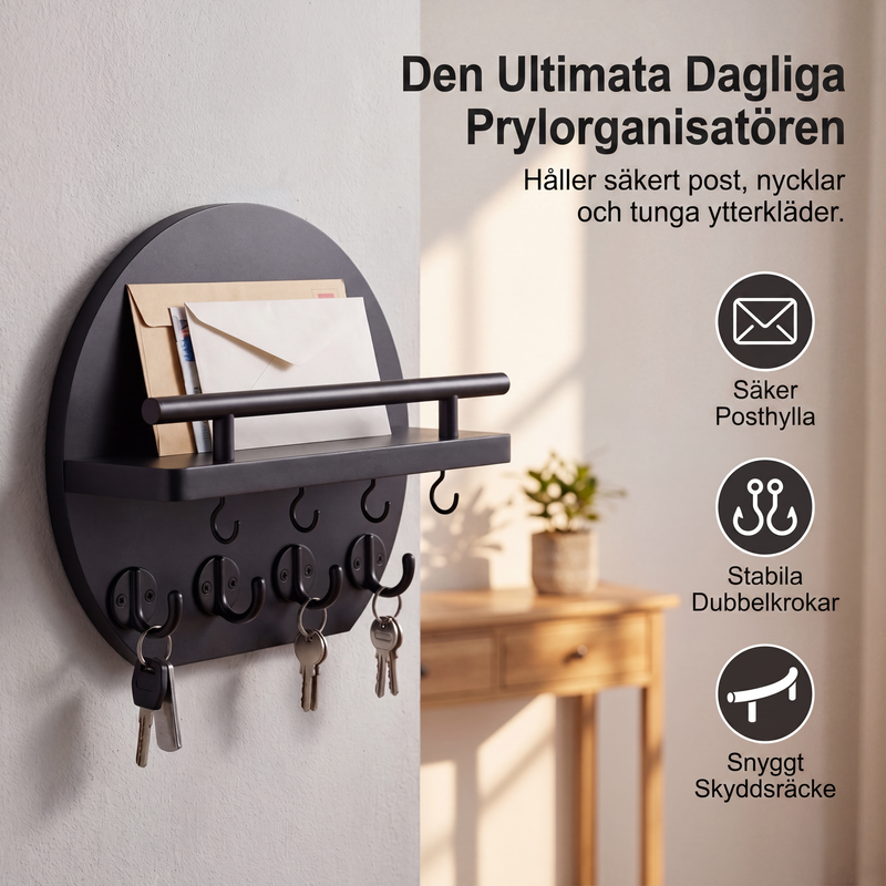 Väggmonterad nyckelhållare med hylla och krokar