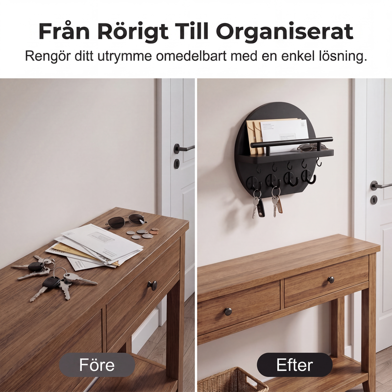 Väggmonterad nyckelhållare med hylla och krokar