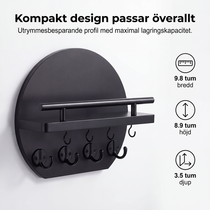 Väggmonterad nyckelhållare med hylla och krokar