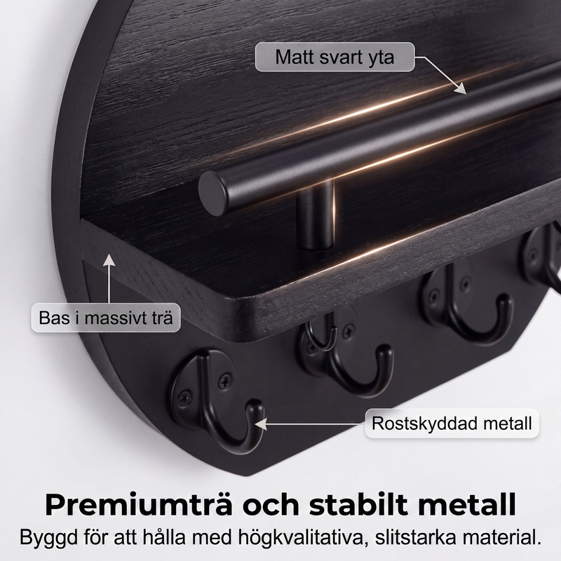 Väggmonterad nyckelhållare med hylla och krokar