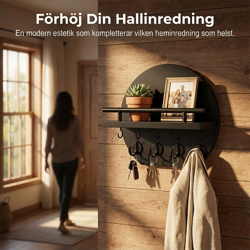 Väggmonterad nyckelhållare med hylla och krokar