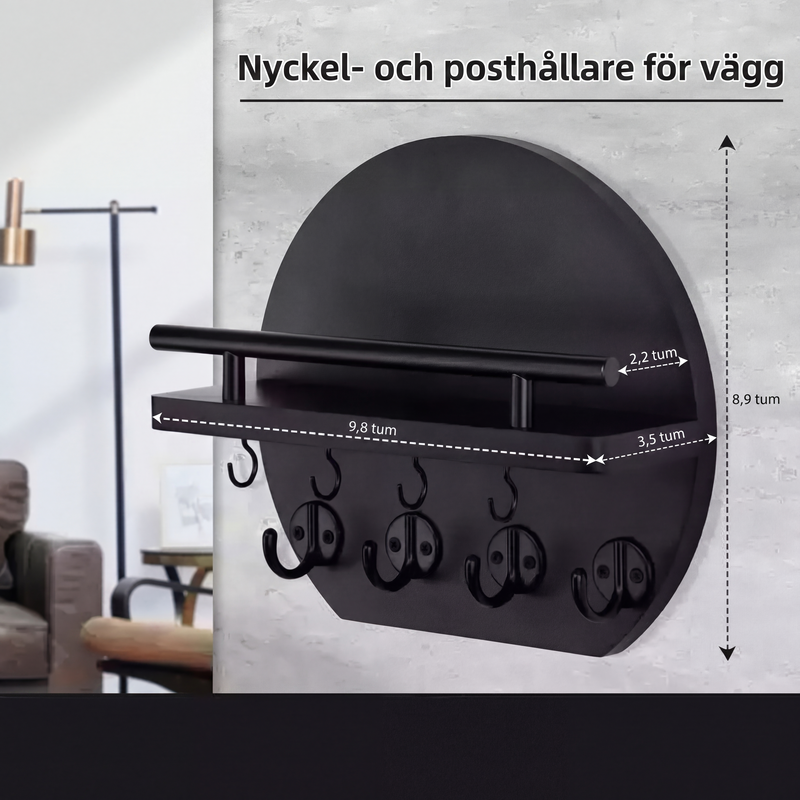 Väggmonterad nyckelhållare med hylla och krokar