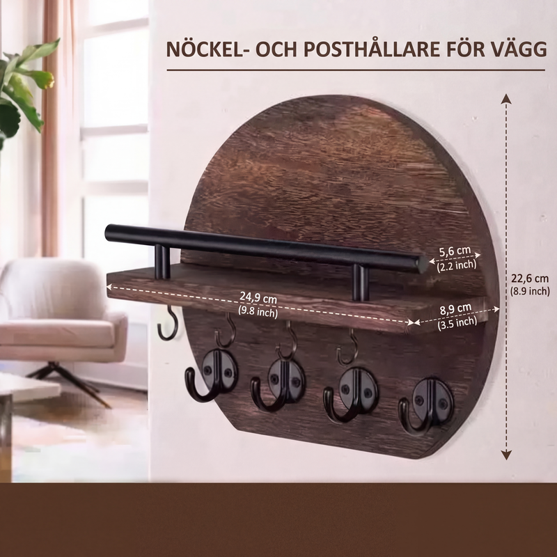 Väggmonterad nyckelhållare med hylla och krokar